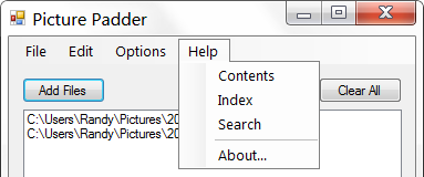 Picture Padder Help Menu Item